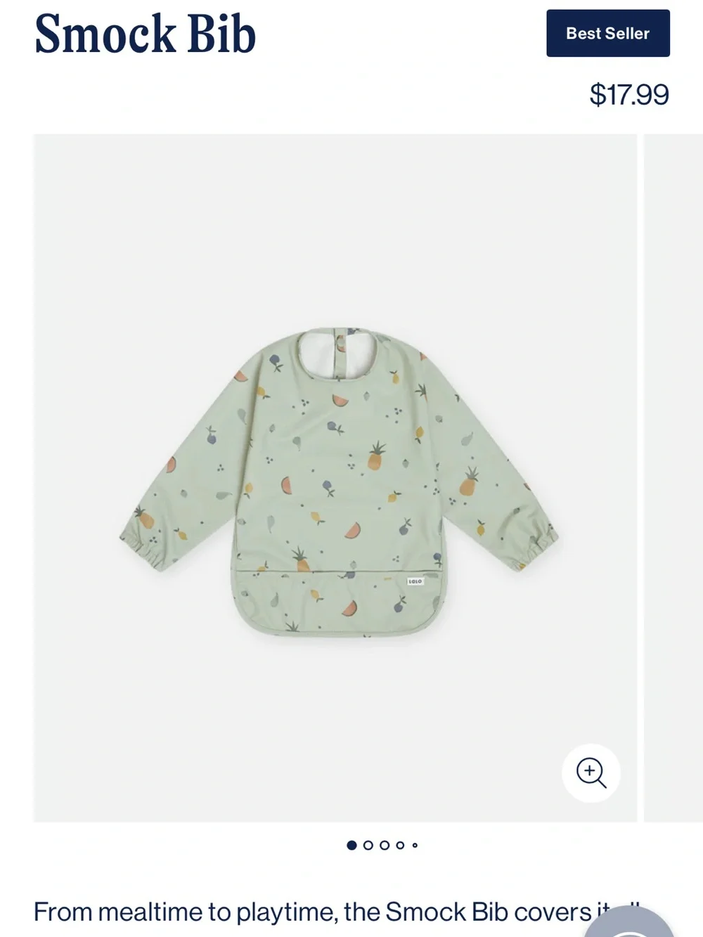 Long-Sleeve Smock Bib in Sage Green with Fruit Print